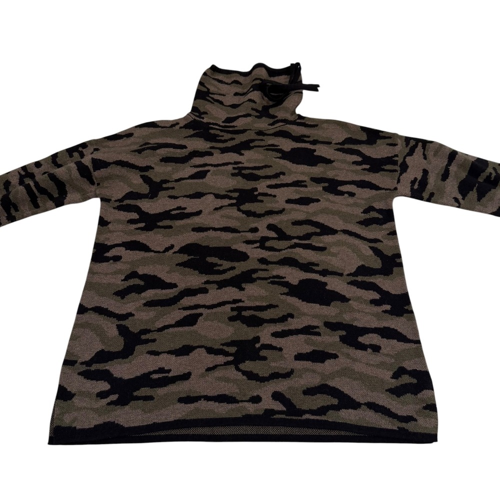 Rachel Zoe Womens Camo Knit Funnel Neck Drawstring Sweater Olive Black Medium - Picture 3 of 6